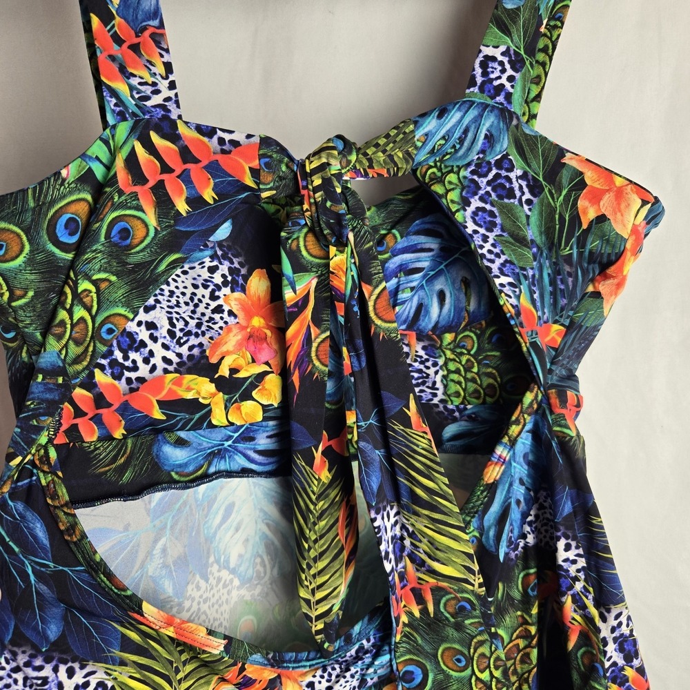Dona Jo Tankini Top Size 2 Tropical Peacock Tie Back Maximalist Indie Art Beach - Picture 3 of 7
